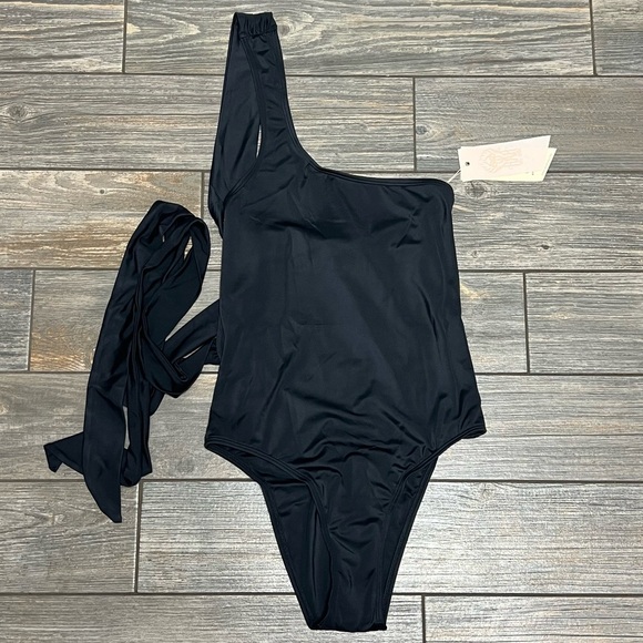 NWT HAH X Free People One Piece Swimsuit Medium 1 4 Ur Soul 1 Shoulder Black - Picture 2 of 15